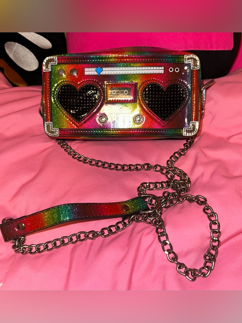Club Exx Dolls Kill ‘PARTY FM’ Bluetooth Speaker Purse Rainbow Metallic WORKS